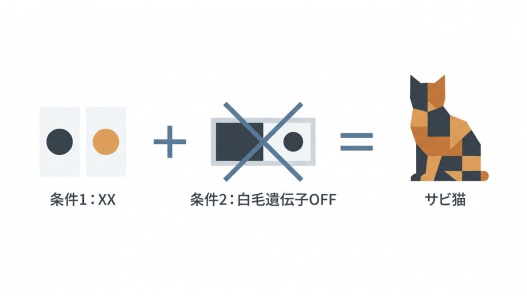 XX染色体と白毛遺伝子OFFの条件から黒と赤茶色のサビ猫が成立する流れを示す図解