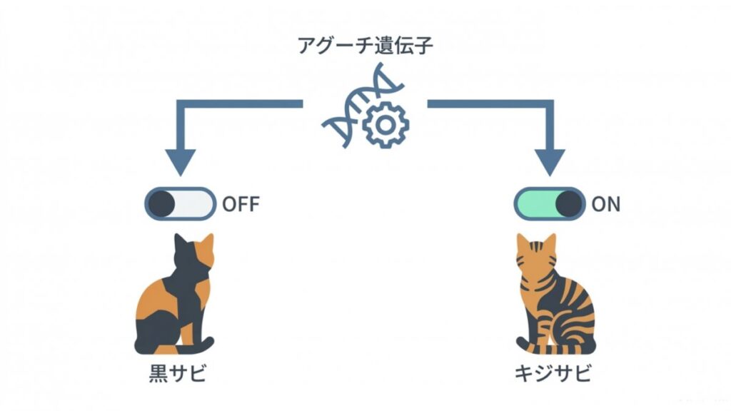 アグーチ遺伝子のONとOFFによる黒サビとキジサビの模様差を示す図解