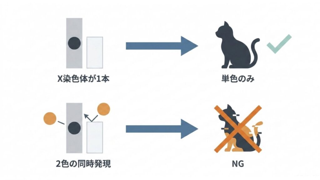 X染色体が1本のオスでは単色のみになり2色同時発現が起きにくい仕組みを示す図解