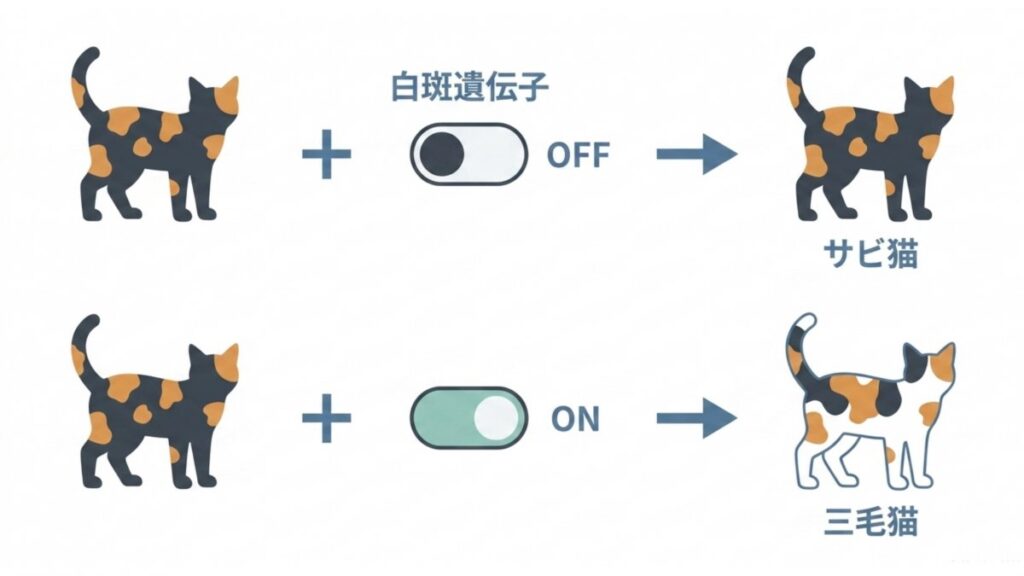 白斑遺伝子のONとOFFによりサビ猫と三毛猫の毛色が分かれる仕組みの図解