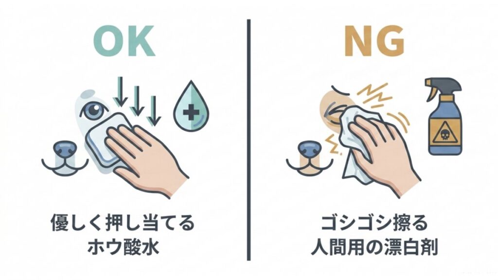 ホウ酸水で優しく押し当てるケアと、人間用漂白剤で擦る行為を対比した図解