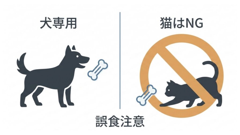 犬専用の薬と猫はNGの表示を並べ、誤食注意を示したペット別の注意図