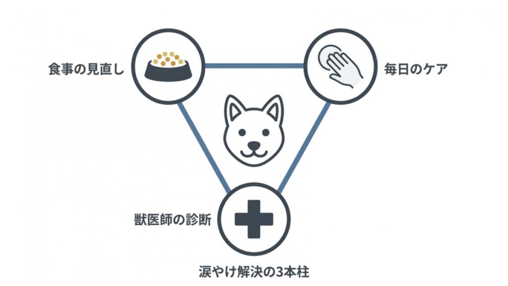 食事の見直し・毎日のケア・獣医師の診断を三本柱で組み合わせた涙やけ対策の全体解説図