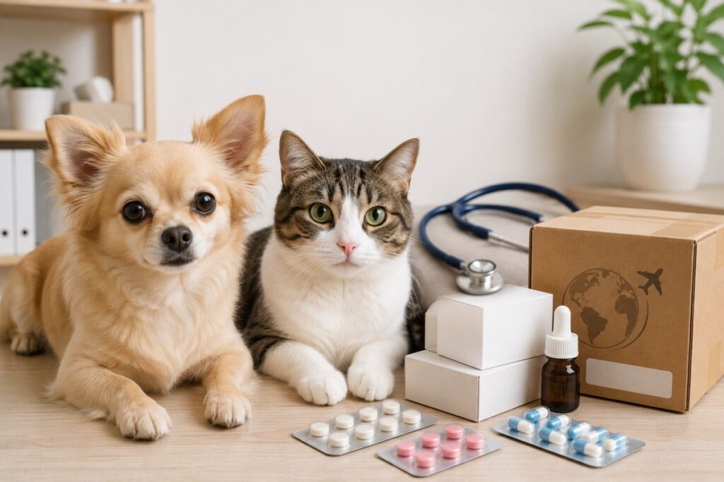 犬猫と薬、国際配送箱で示すペット薬の個人輸入おすすめ画像