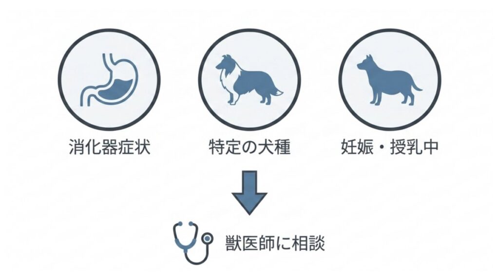 消化器症状、特定犬種、妊娠授乳中の注意点を並べ、獣医師相談を示す安全性の図