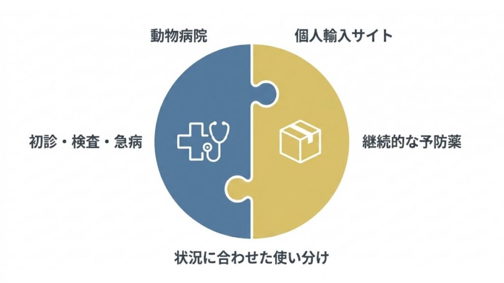 動物病院と個人輸入サイトを初診・検査と継続予防薬で使い分ける図解