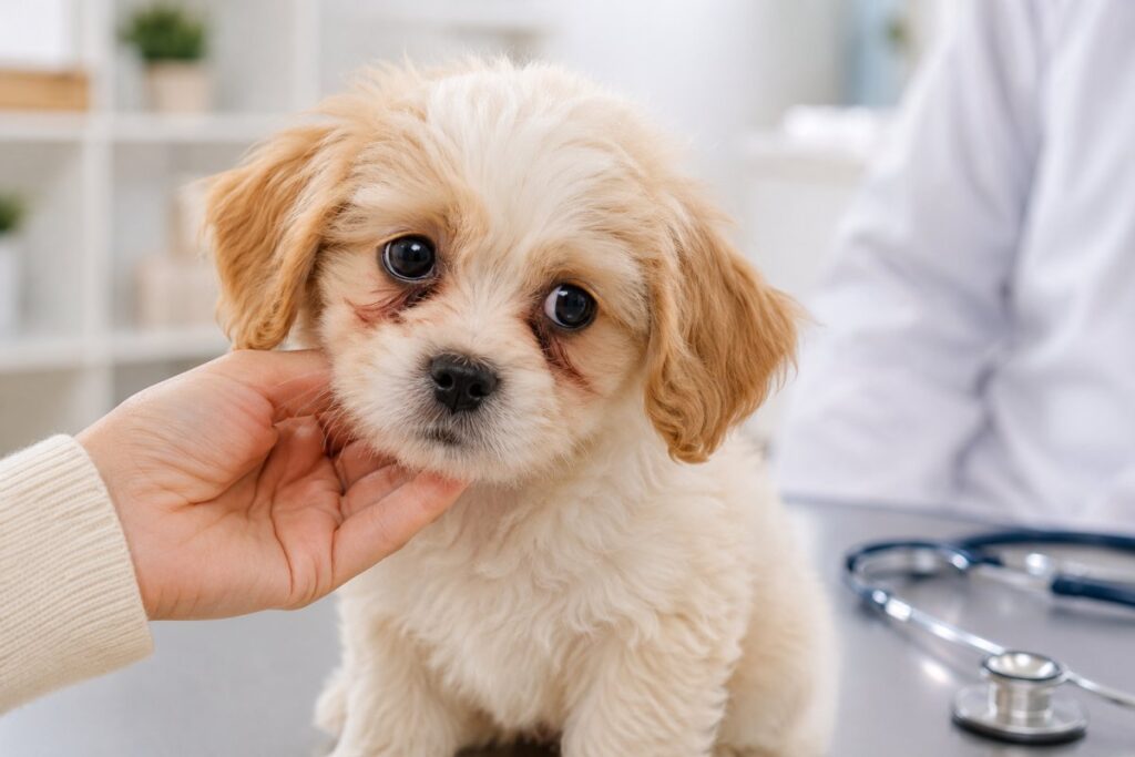 子犬の涙やけはいつまで続くか獣医に相談する様子