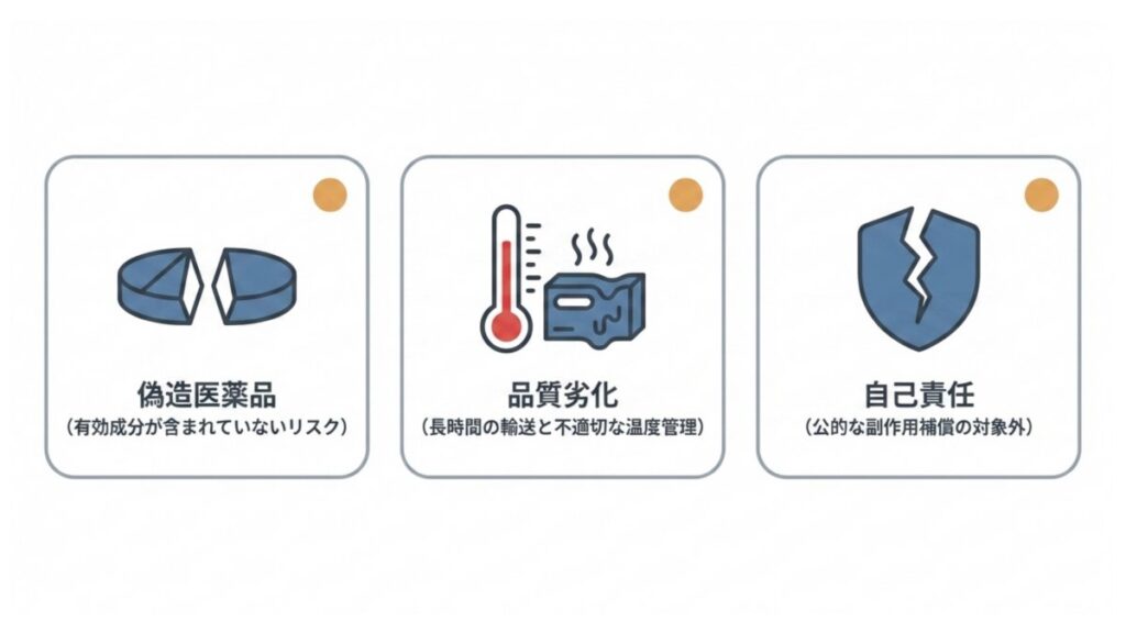 個人輸入代行に伴う偽造医薬品、品質劣化、自己責任の3リスクを並べた図