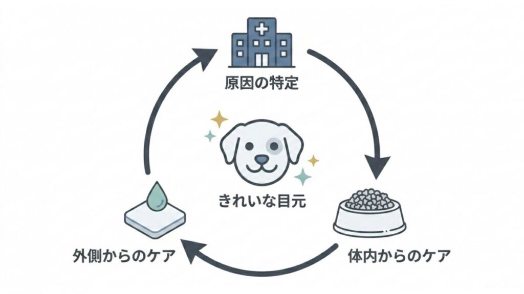 原因の特定、体内からのケア、外側からのケアできれいな目元を保つ循環図