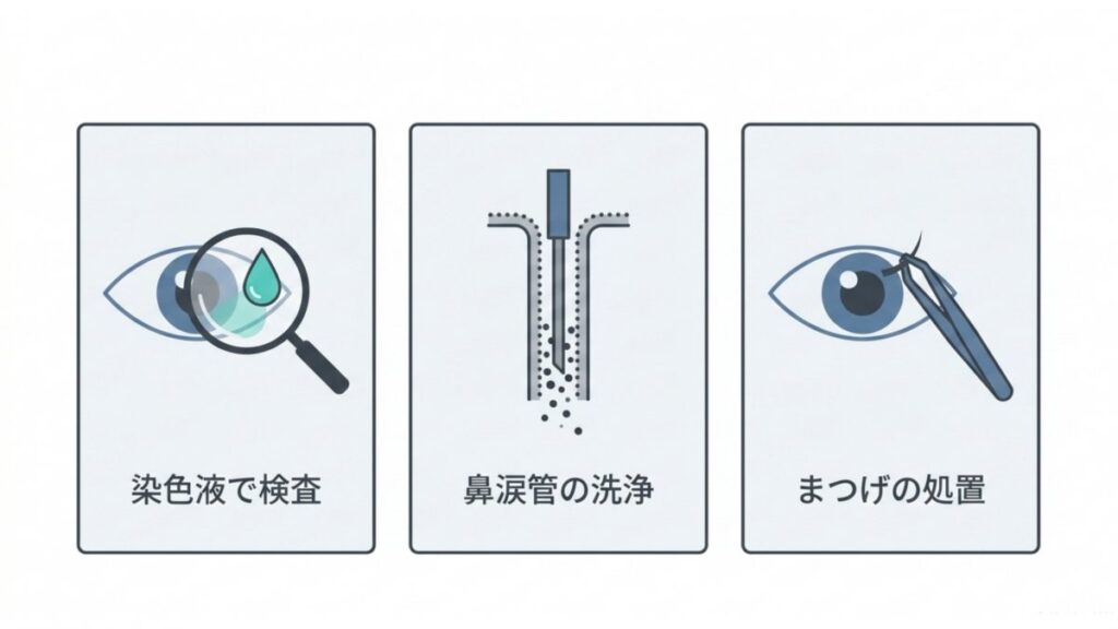 染色液検査、鼻涙管洗浄、まつげ処置を並べた獣医学的治療の解説図