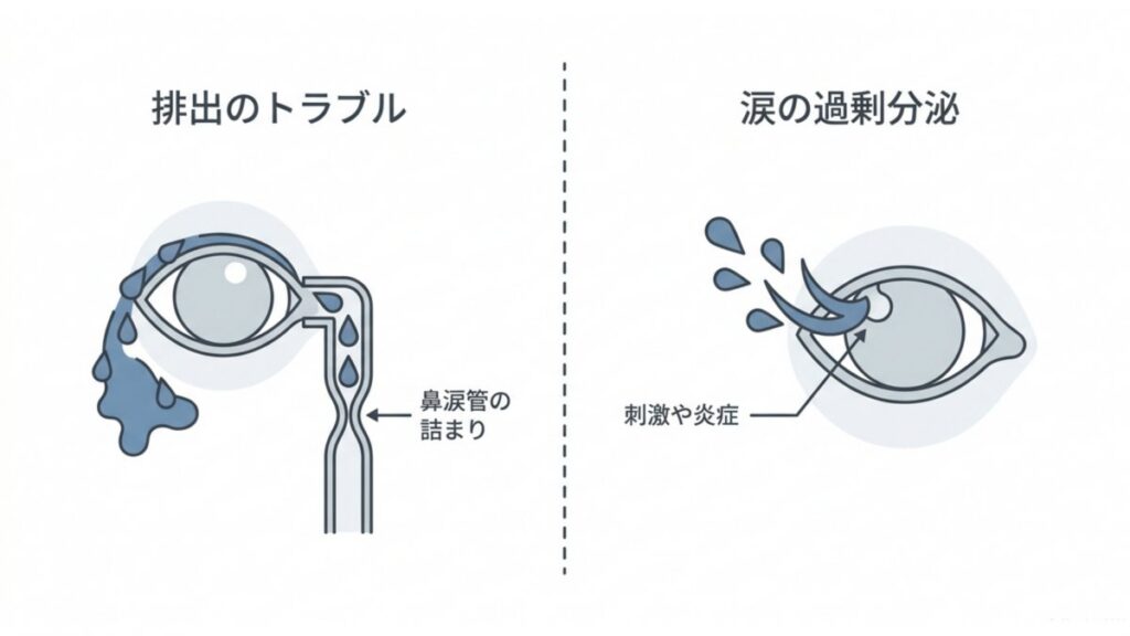 鼻涙管の詰まりによる排出トラブルと、刺激や炎症による涙の過剰分泌を示す図解