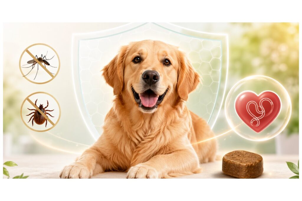 ネクスガードでフィラリア予防をイメージした犬と予防薬の画像
