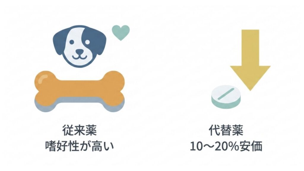 従来薬の嗜好性の高さと、代替薬が10〜20%安価になる価格差を対比した図解