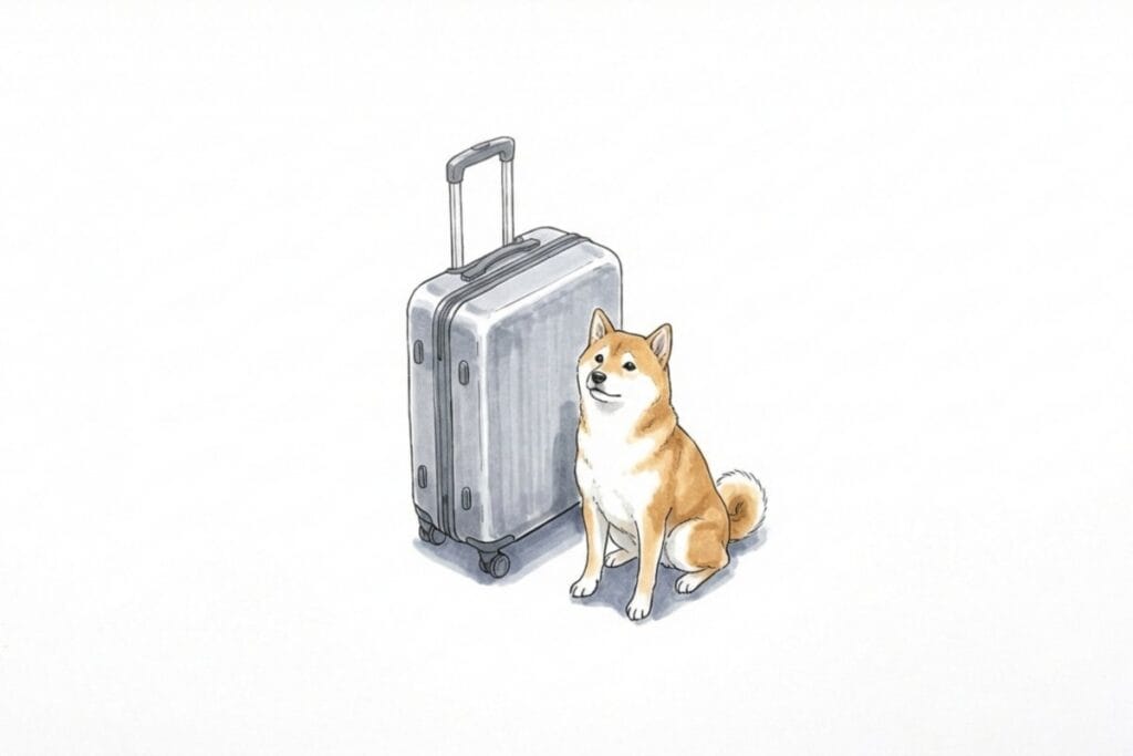 キャリーケースの横に座る柴犬。旅行や出張で留守番する犬のペットシッター利用。