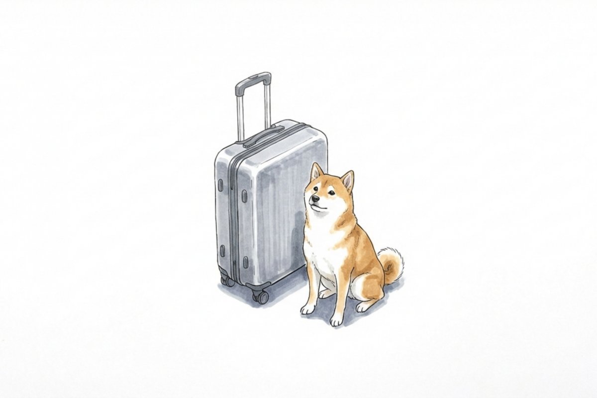 キャリーケースの横に座る柴犬。旅行や出張で留守番する犬のペットシッター利用。