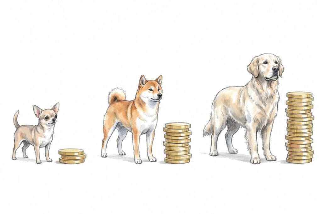 小型犬・中型犬・大型犬と硬貨の積み上げ。犬の体格が大きいほど硬貨の山が高く描かれている。