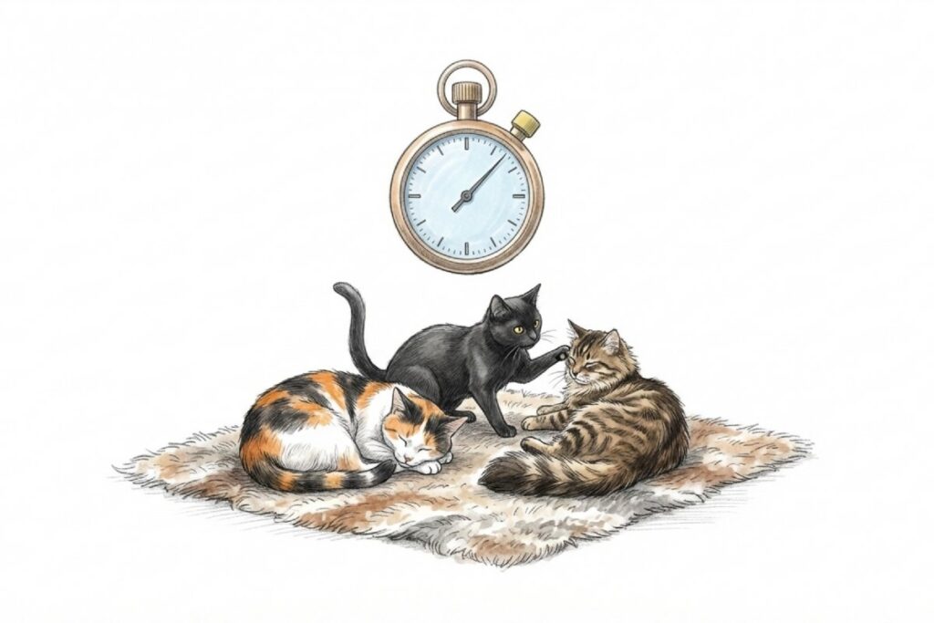 三匹の猫と懐中時計。猫がラグの上でくつろぎ、上に時計が描かれている。