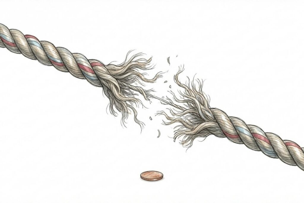 ほつれたロープと硬貨。ロープが中央で裂けて繊維が飛び散り、下に硬貨が1枚置かれている。