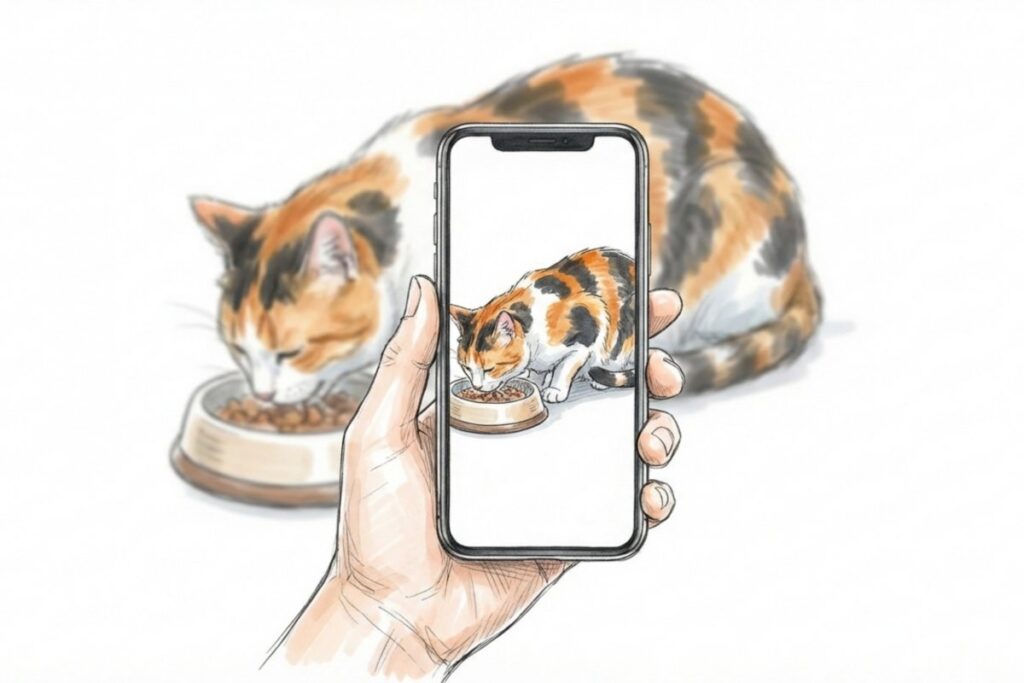 スマートフォン画面とキャットフードを食べる猫。ペットシッターが写真でシッティング報告レポートを送る。