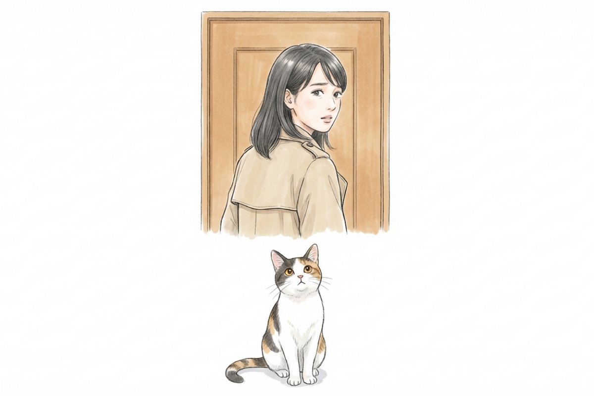 外出前に振り返る飼い主と、お留守番をする猫のイラスト。留守中の食事管理に自動給餌器を検討するイメージ