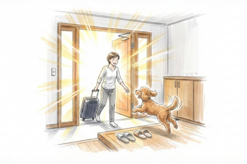 玄関でスーツケースを持つ飼い主と小型犬。旅行や出張の留守中にペットシッター利用を想定した帰宅シーン。