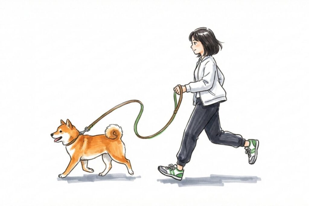 リードを持つ人物が柴犬を散歩させる。犬の散歩代行サービスの依頼。
