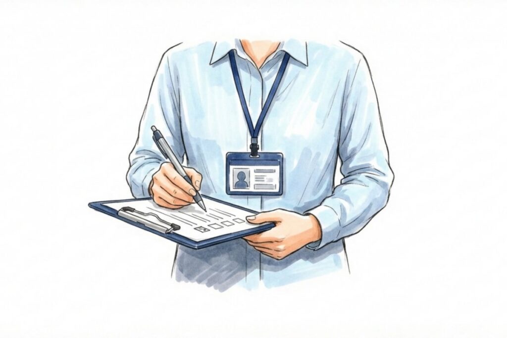 IDカードを下げた人物がチェックリスト付きクリップボードに記入する。犬のペットシッターの登録確認と保険加入チェック。