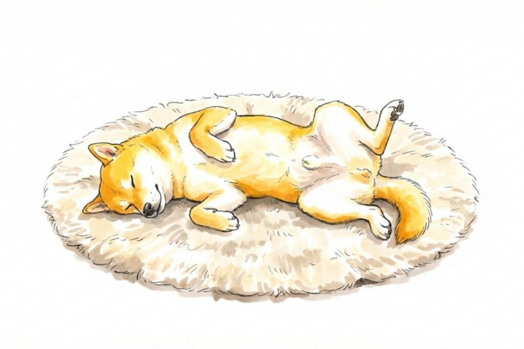 犬用ベッドで仰向けに寝る柴犬。自宅で過ごす犬の訪問ペットシッターによる見守り。