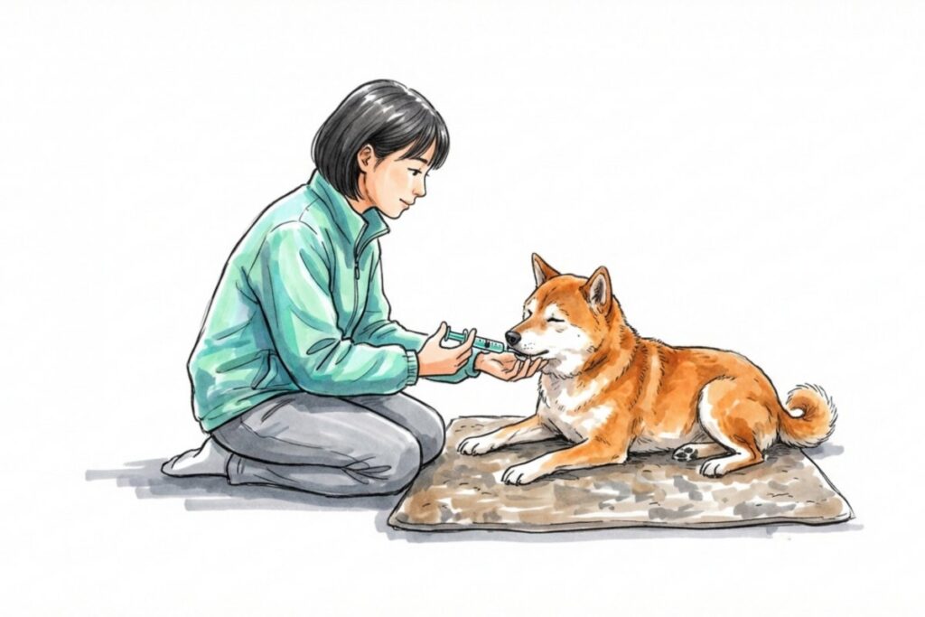 床に伏せる柴犬に膝をついた人物が錠剤を与える。老犬の投薬に対応する犬のペットシッター。