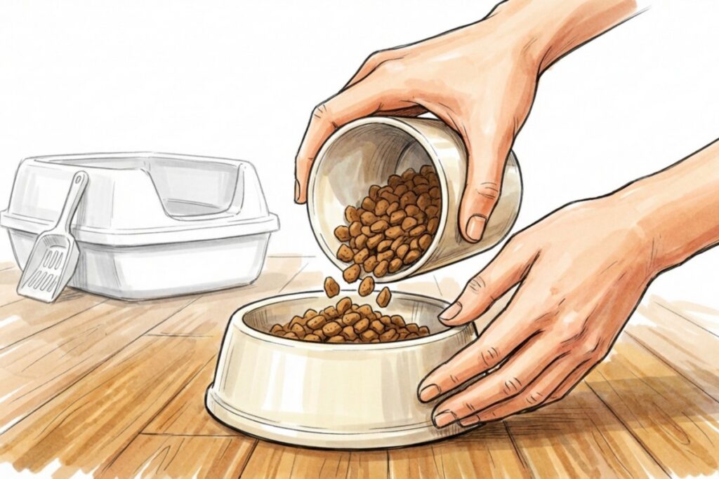 猫用フードボウルとドライフード、猫用トイレとスコップ。訪問ペットシッターが給餌とトイレ掃除を行う準備。