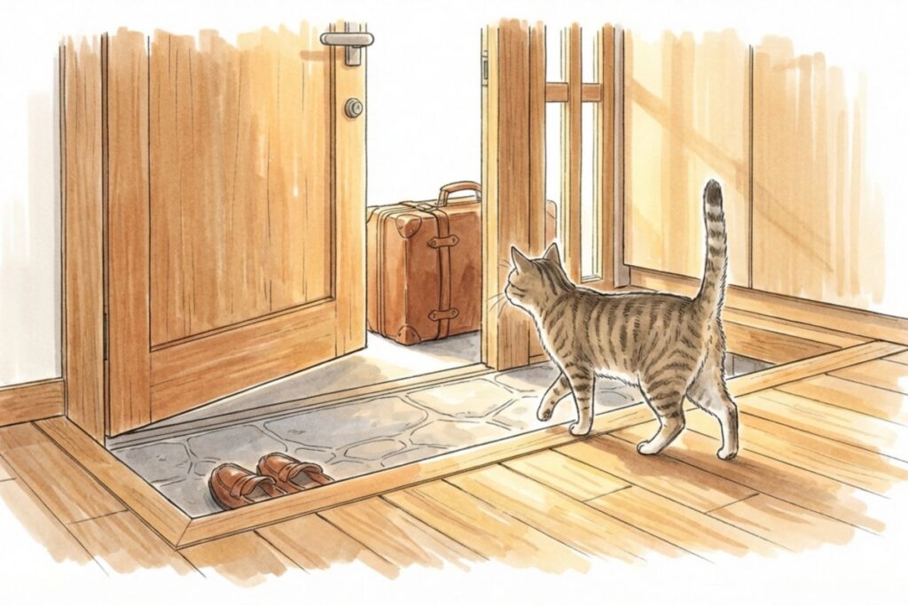 玄関で外を見つめる猫と旅行用スーツケース。飼い主の外出中に自宅で留守番する状況。