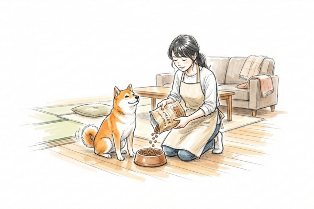 自宅のリビングで女性とドッグフード袋・フードボウル。訪問型ペットシッターが犬に給餌する。