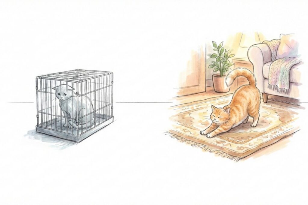 金属ケージ内で座る猫とリビングのラグで伸びをする猫。預かり環境と自宅環境の違い。