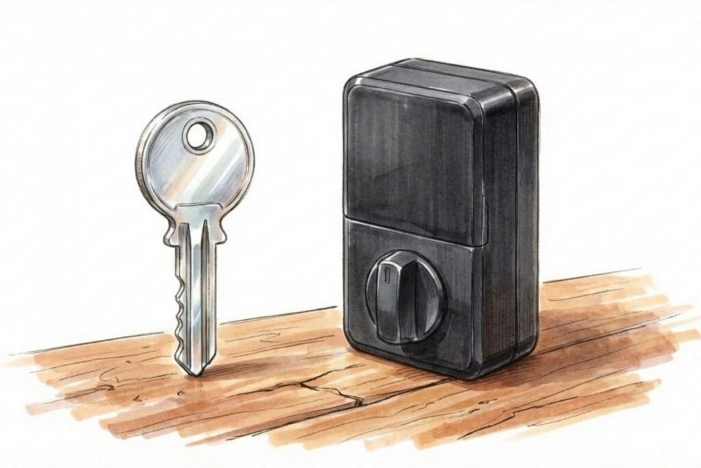 合鍵と後付けスマートロック本体。訪問ペットシッター用に時間制限付きの解錠手段を用意する。