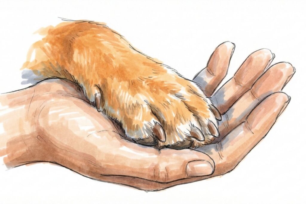 人の手のひらに犬の前足を乗せる。人見知りの犬と距離を保って信頼関係を作るペットシッター対応。