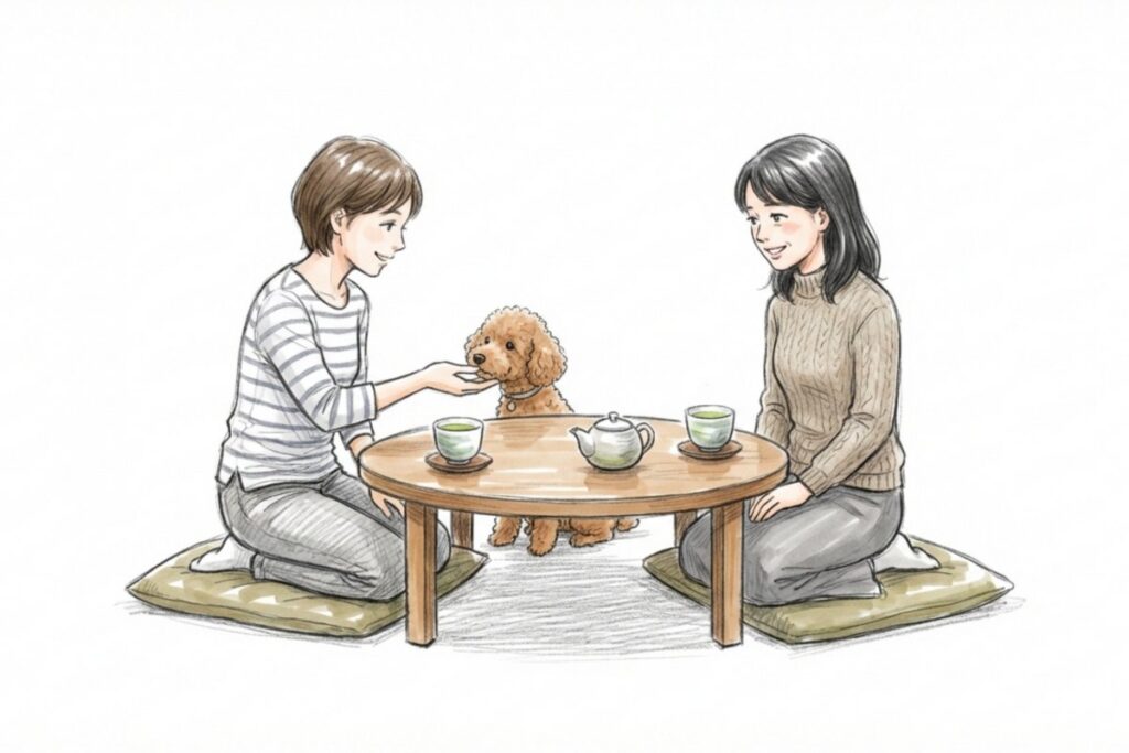 座卓で向かい合う飼い主とペットシッター、小型犬、急須と湯のみ。ペットシッターの事前面談でケア内容を打ち合わせる。