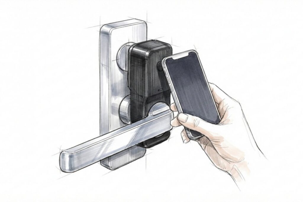 スマートロックのドアハンドルとスマートフォン。スマートロックで入室権限を時間帯指定で管理する。