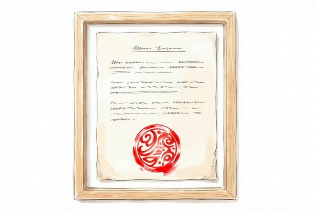 朱印のある登録書類と額縁。第一種動物取扱業の登録番号や有効期限を確認する書面。