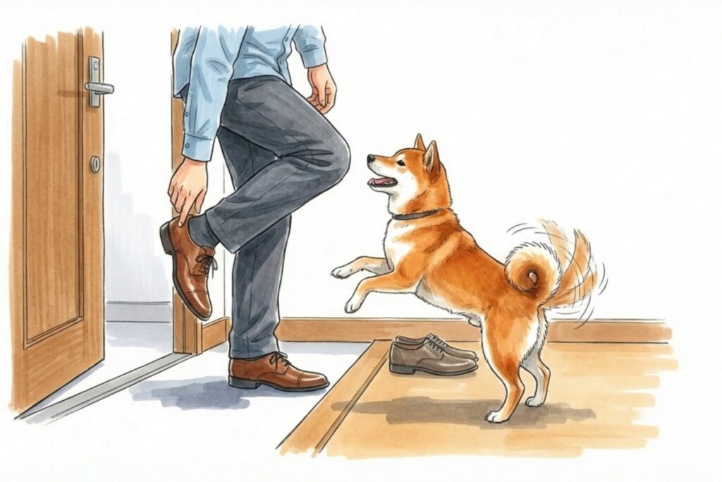 玄関で靴を履く人物と飛び跳ねる柴犬。自宅訪問型の犬のペットシッター利用で飼い主が外出する場面。
