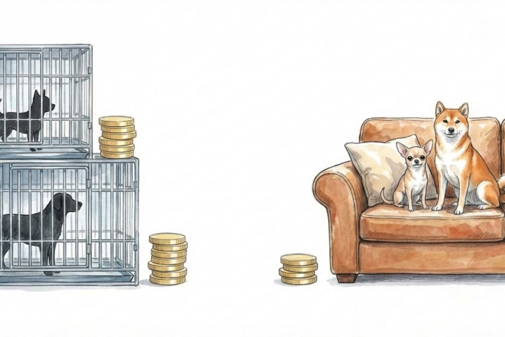 二段のケージ内の犬のシルエットと硬貨の山とソファに座る小型犬と柴犬。ケージと自宅ソファの配置が左右に分かれて描かれている。