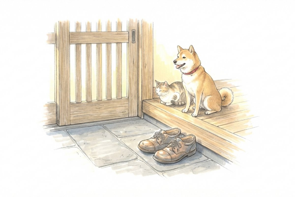 玄関の柴犬と猫と靴。犬が玄関段差に座って待ち、猫が丸くなっている。