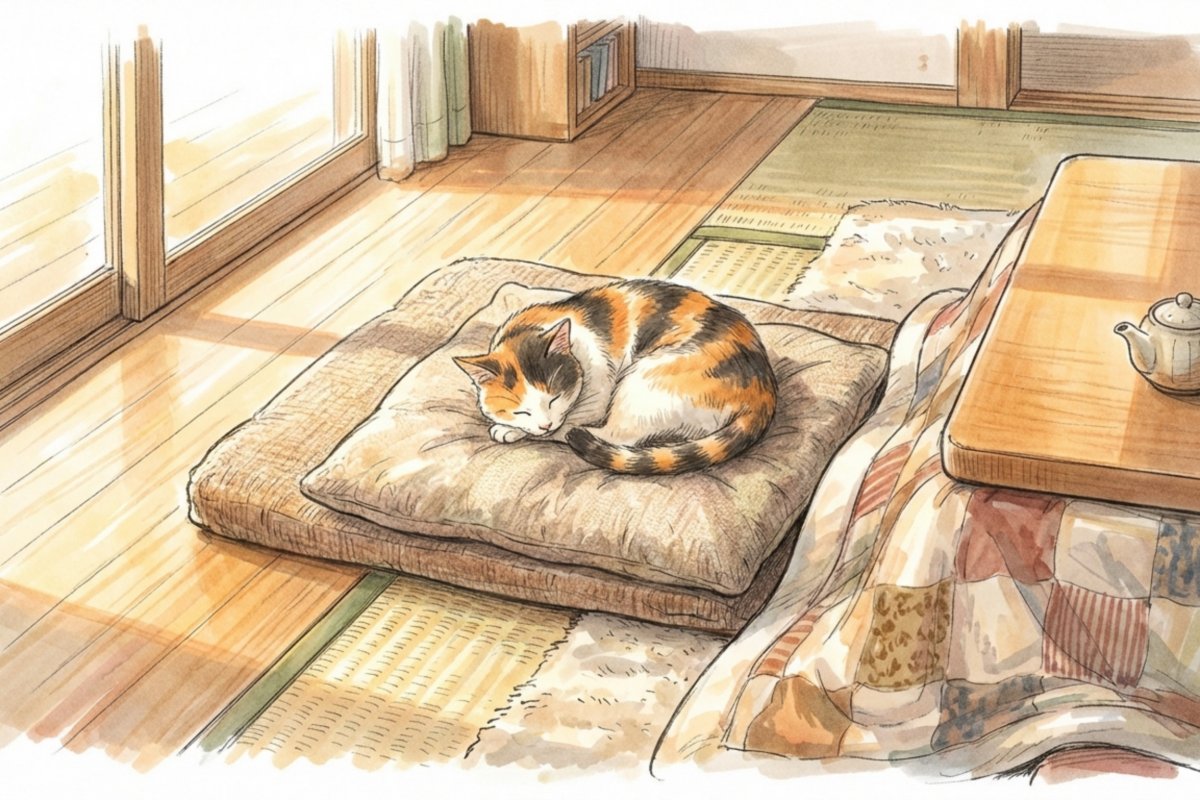 日当たりの良いリビングの座布団と三毛猫。自宅で丸くなって眠る留守番中の猫。