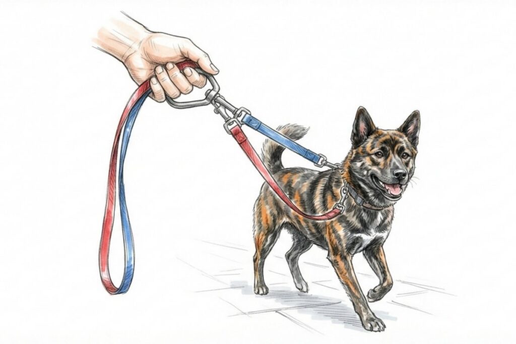 犬と二重リード、リードを持つ手。散歩代行で脱走対策を重視した安全管理を行う。