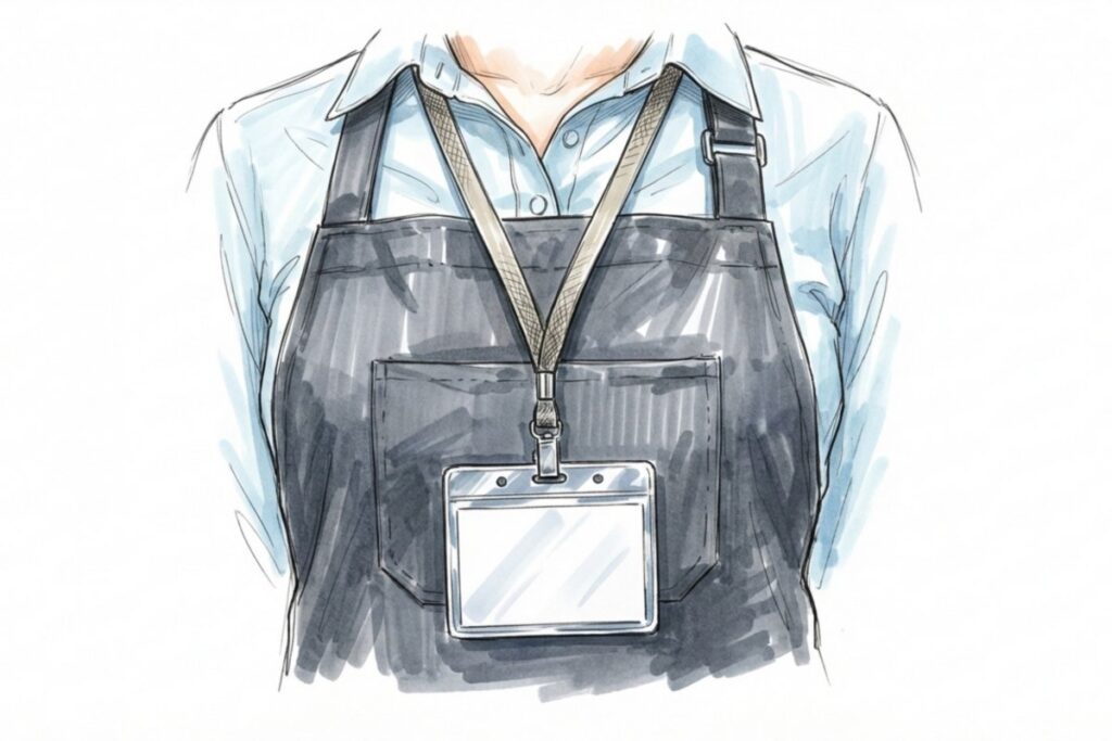 エプロン姿の人物と名札付きIDカード。ペットシッターの身分証提示と事業者確認を示す。