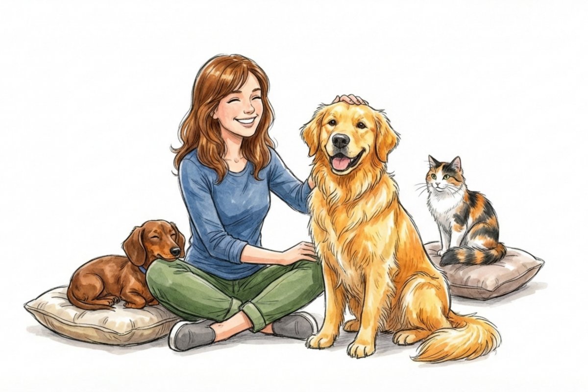 室内で女性と大型犬・小型犬・猫。多頭飼いのペットシッターが見守りとスキンシップを行う。