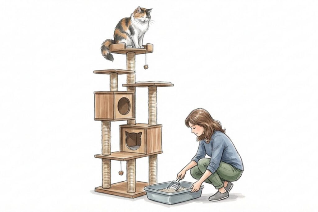 猫用トイレとスコップ、キャットタワーの猫。訪問ペットシッターがトイレ掃除で衛生管理を行う。