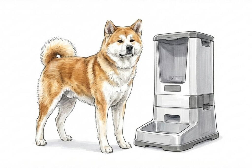 犬用自動給餌器の横に立つ柴犬。透明タンク付きフィーダーで留守番中のごはん管理をイメージ