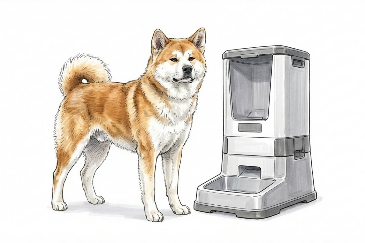 犬用自動給餌器の横に立つ柴犬。透明タンク付きフィーダーで留守番中のごはん管理をイメージ