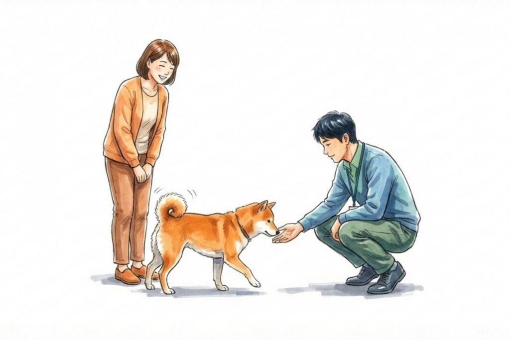 飼い主の前で人物が柴犬に手を差し出す。犬のペットシッターの事前顔合わせで相性を確認する手順。
