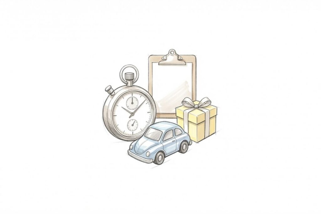 ストップウォッチとクリップボードと小型車とリボン付きギフト箱。